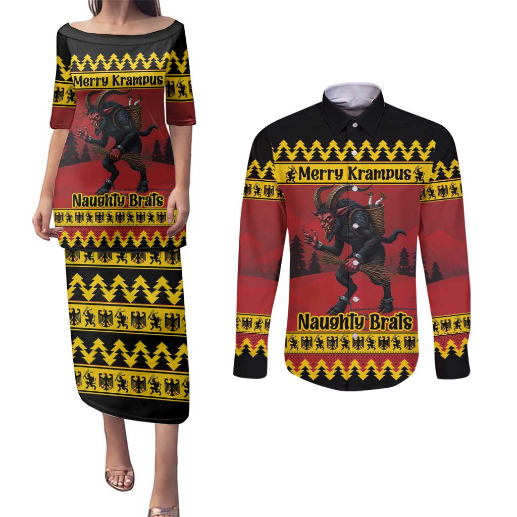 Merry Krampus Germany Couples Matching Puletasi and Long Sleeve Button Shirt Frohe Weihnachten - Wonder Print Shop