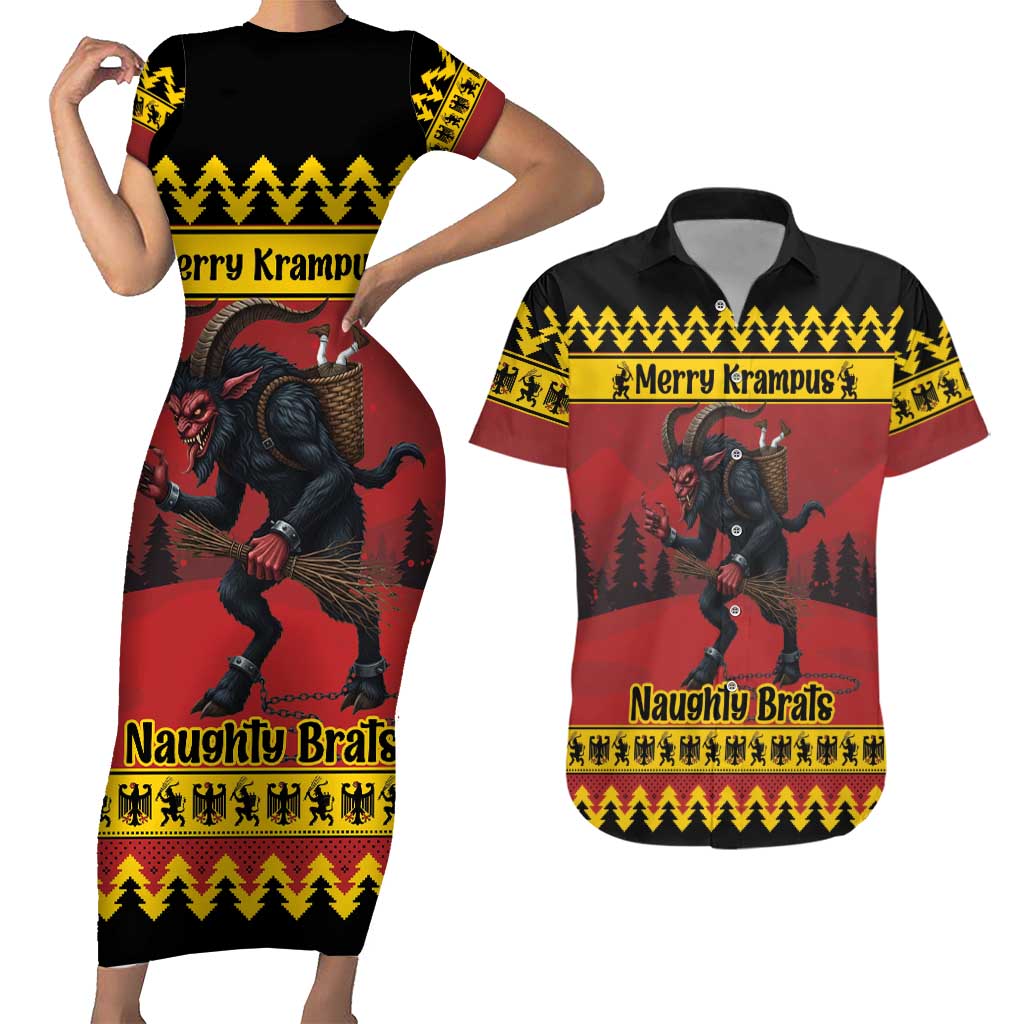 Merry Krampus Germany Couples Matching Short Sleeve Bodycon Dress and Hawaiian Shirt Frohe Weihnachten - Wonder Print Shop