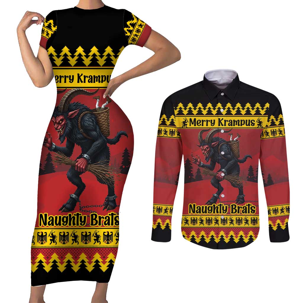 Merry Krampus Germany Couples Matching Short Sleeve Bodycon Dress and Long Sleeve Button Shirt Frohe Weihnachten - Wonder Print Shop