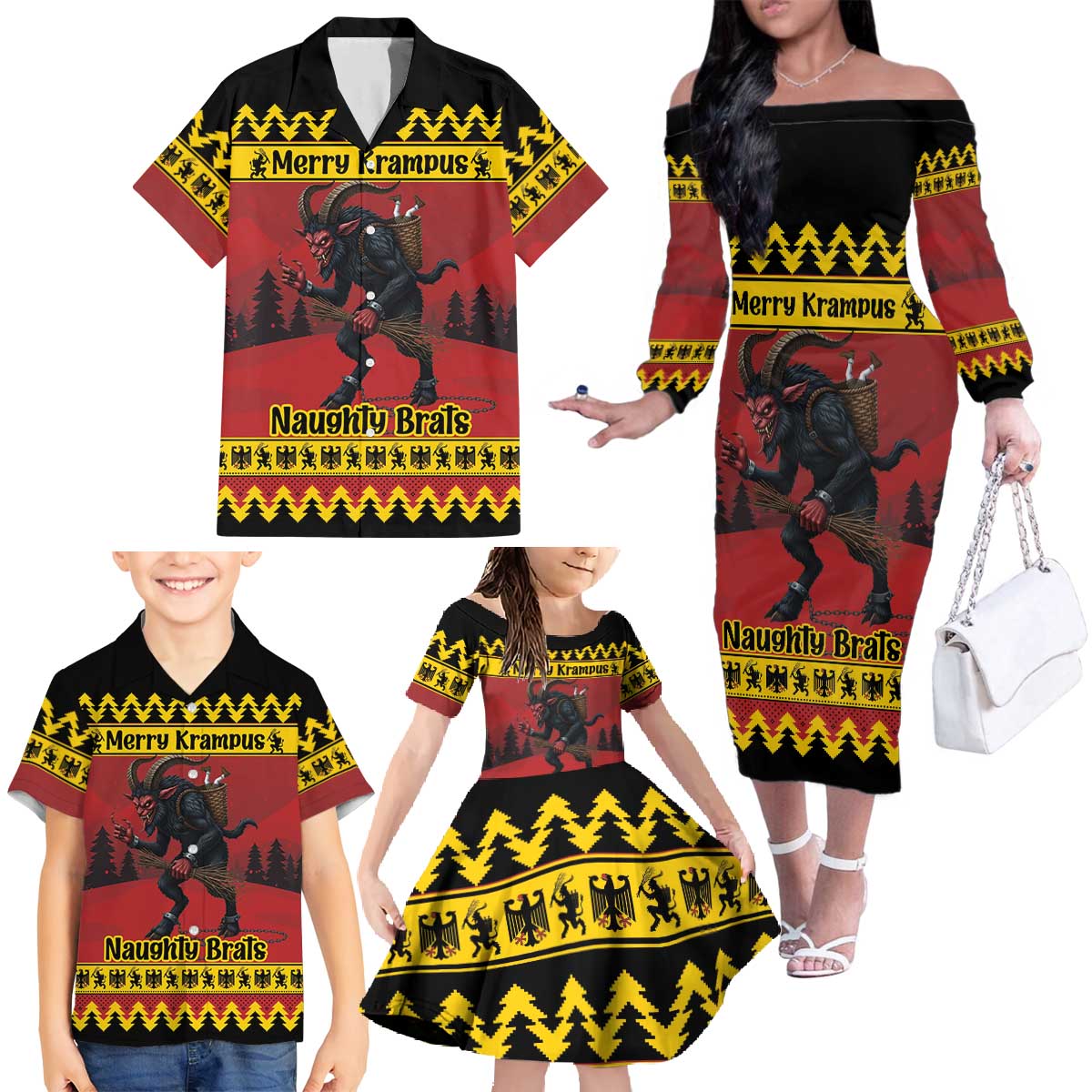 Merry Krampus Germany Family Matching Off The Shoulder Long Sleeve Dress and Hawaiian Shirt Frohe Weihnachten - Wonder Print Shop