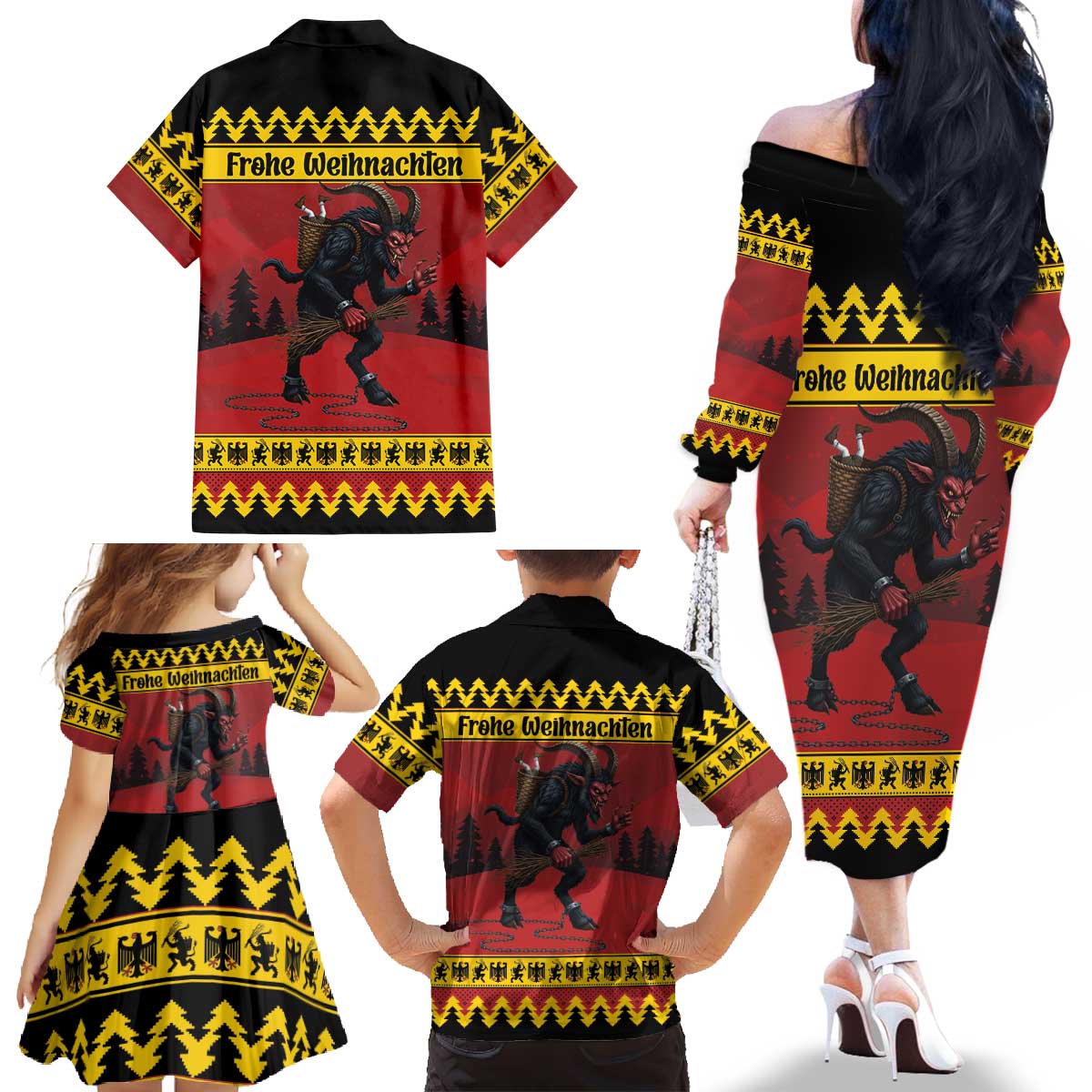 Merry Krampus Germany Family Matching Off The Shoulder Long Sleeve Dress and Hawaiian Shirt Frohe Weihnachten - Wonder Print Shop