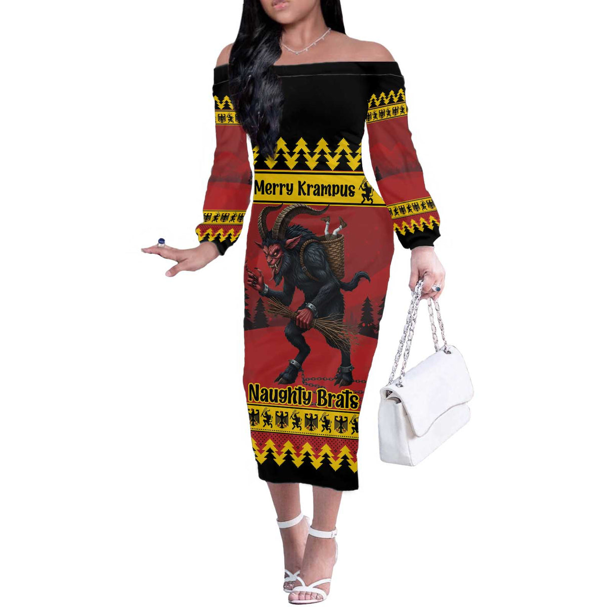 Merry Krampus Germany Off The Shoulder Long Sleeve Dress Frohe Weihnachten - Wonder Print Shop