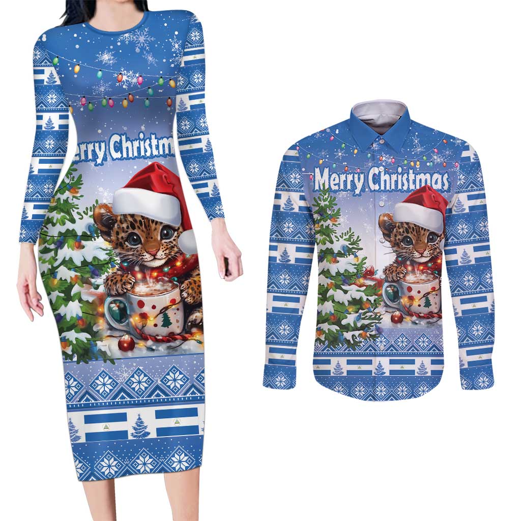 Personalized Nicaragua Christmas Couples Matching Long Sleeve Bodycon Dress and Long Sleeve Button Shirt Panthera Onca Cute With Christmas Tree - Wonder Print Shop