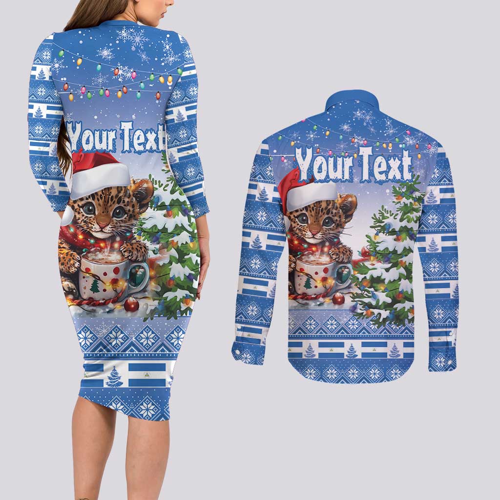 Personalized Nicaragua Christmas Couples Matching Long Sleeve Bodycon Dress and Long Sleeve Button Shirt Panthera Onca Cute With Christmas Tree - Wonder Print Shop
