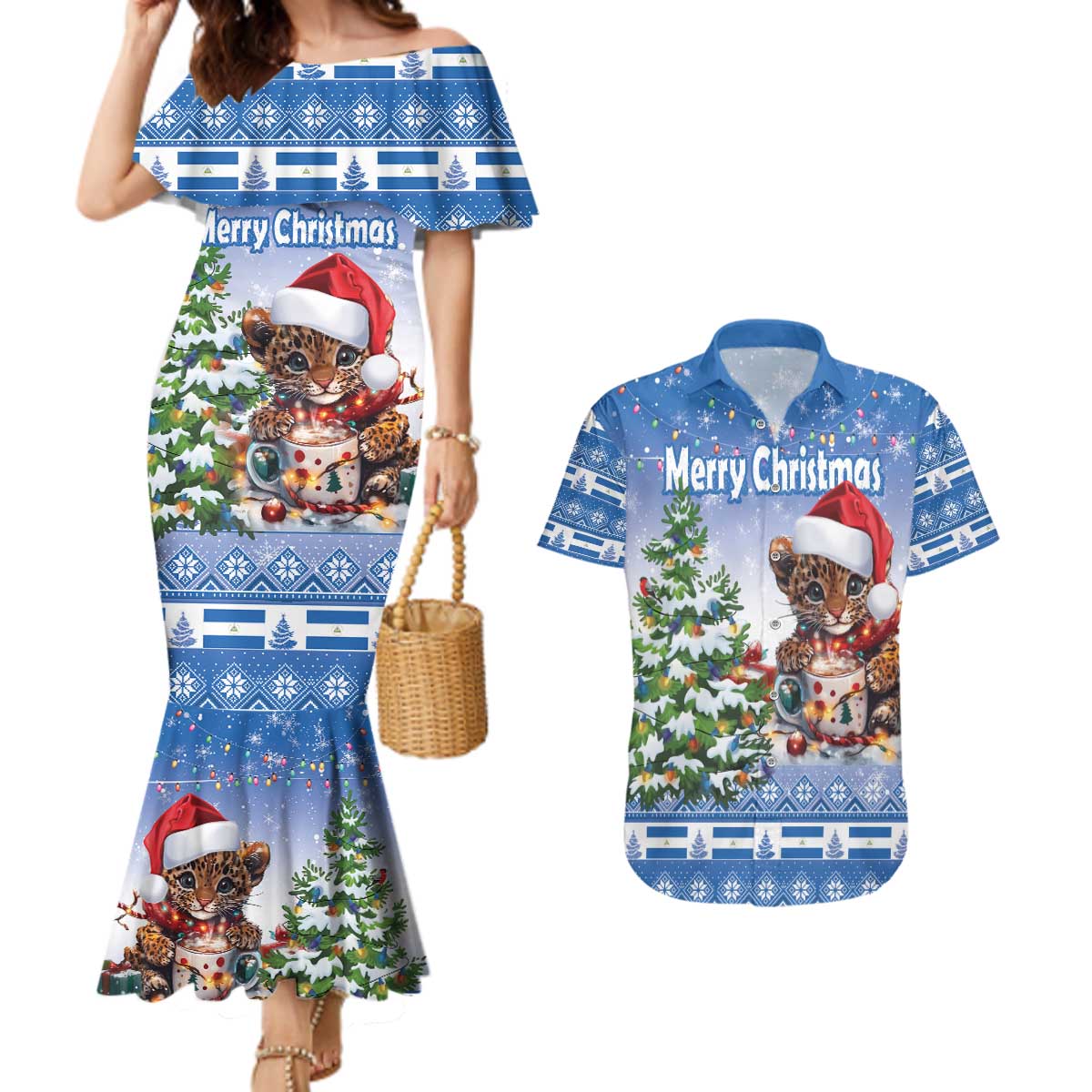 Personalized Nicaragua Christmas Couples Matching Mermaid Dress and Hawaiian Shirt Panthera Onca Cute With Christmas Tree - Wonder Print Shop