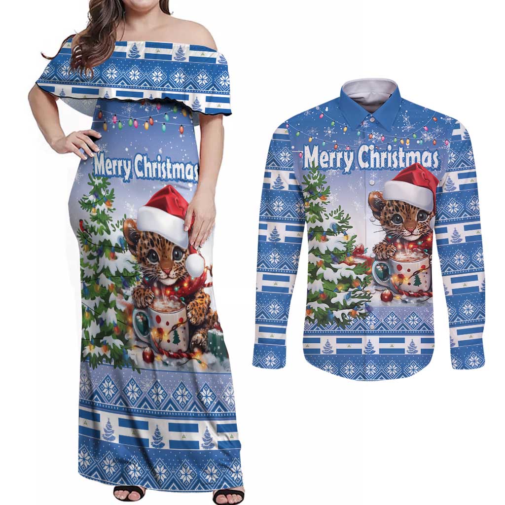 Personalized Nicaragua Christmas Couples Matching Off Shoulder Maxi Dress and Long Sleeve Button Shirt Panthera Onca Cute With Christmas Tree - Wonder Print Shop