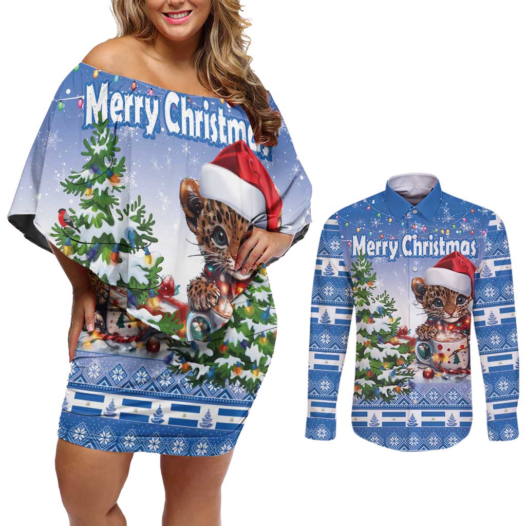 Personalized Nicaragua Christmas Couples Matching Off Shoulder Short Dress and Long Sleeve Button Shirt Panthera Onca Cute With Christmas Tree - Wonder Print Shop