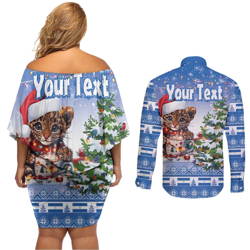 Personalized Nicaragua Christmas Couples Matching Off Shoulder Short Dress and Long Sleeve Button Shirt Panthera Onca Cute With Christmas Tree - Wonder Print Shop