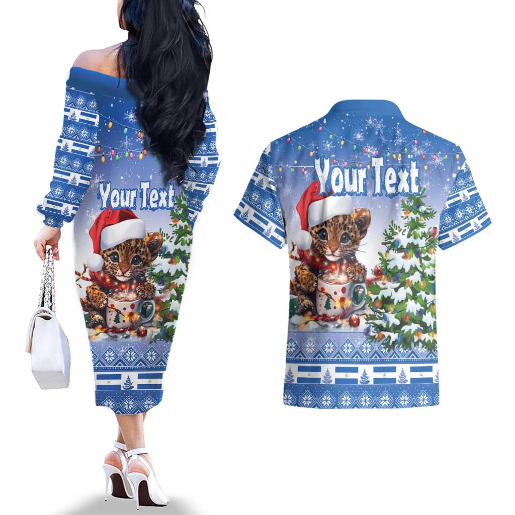 Personalized Nicaragua Christmas Couples Matching Off The Shoulder Long Sleeve Dress and Hawaiian Shirt Panthera Onca Cute With Christmas Tree - Wonder Print Shop