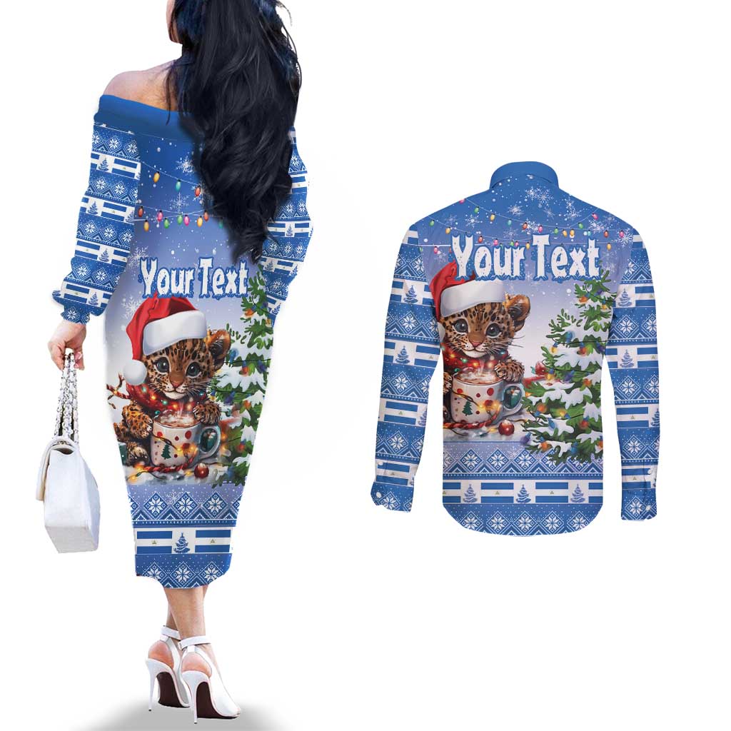 Personalized Nicaragua Christmas Couples Matching Off The Shoulder Long Sleeve Dress and Long Sleeve Button Shirt Panthera Onca Cute With Christmas Tree