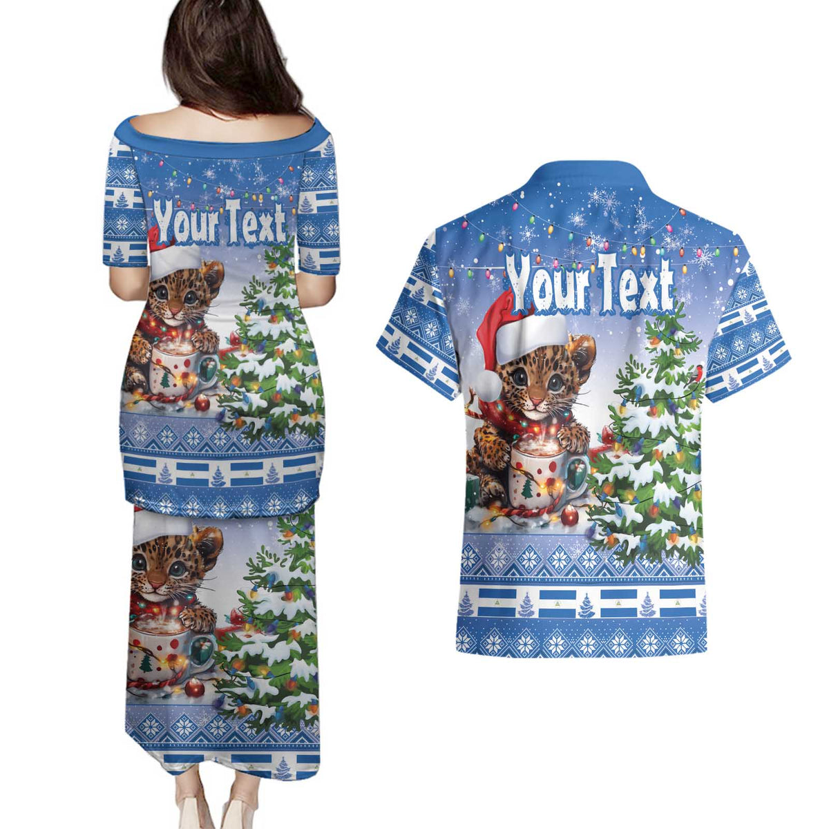 Personalized Nicaragua Christmas Couples Matching Puletasi and Hawaiian Shirt Panthera Onca Cute With Christmas Tree - Wonder Print Shop