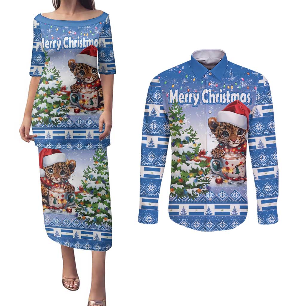 Personalized Nicaragua Christmas Couples Matching Puletasi and Long Sleeve Button Shirt Panthera Onca Cute With Christmas Tree - Wonder Print Shop