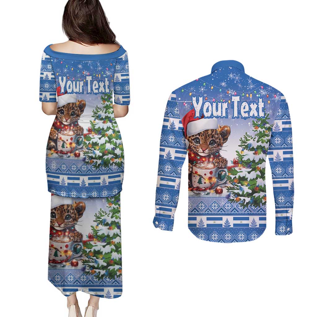 Personalized Nicaragua Christmas Couples Matching Puletasi and Long Sleeve Button Shirt Panthera Onca Cute With Christmas Tree - Wonder Print Shop