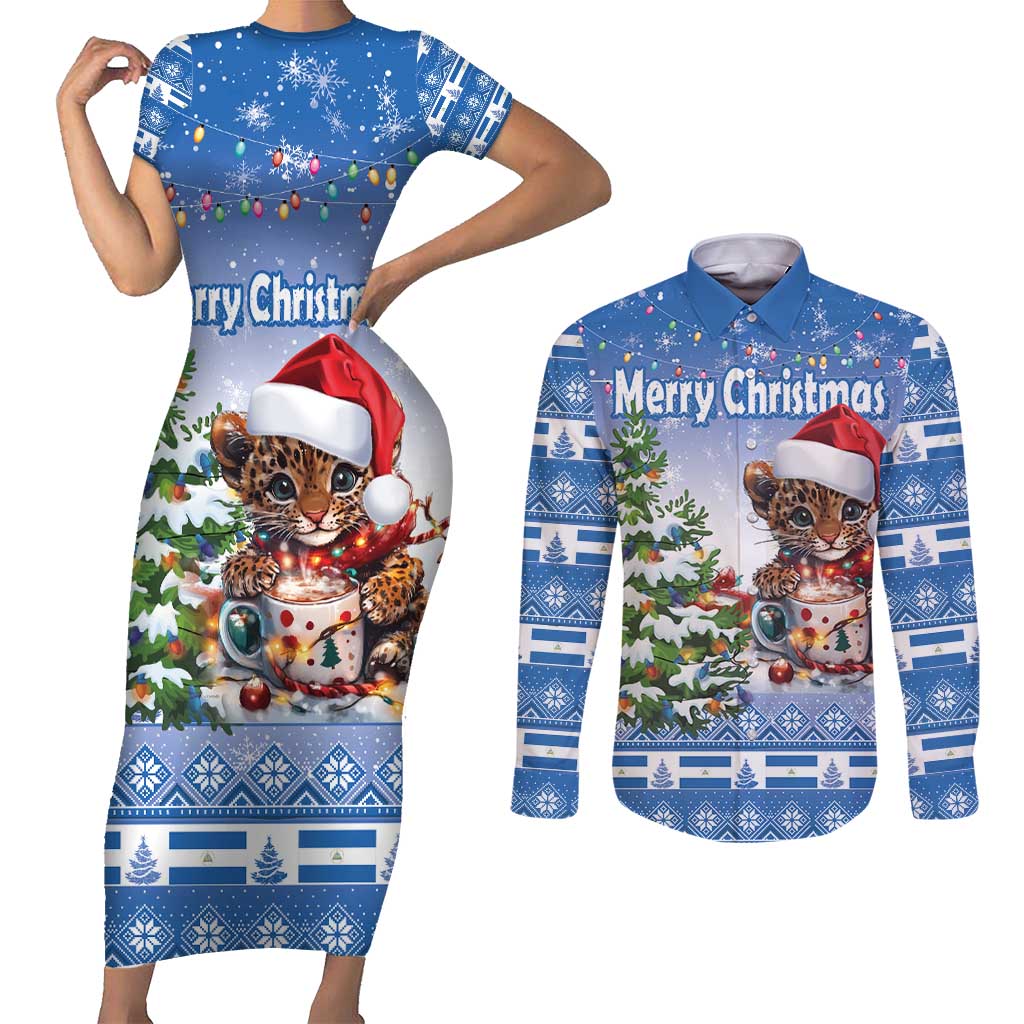 Personalized Nicaragua Christmas Couples Matching Short Sleeve Bodycon Dress and Long Sleeve Button Shirt Panthera Onca Cute With Christmas Tree - Wonder Print Shop