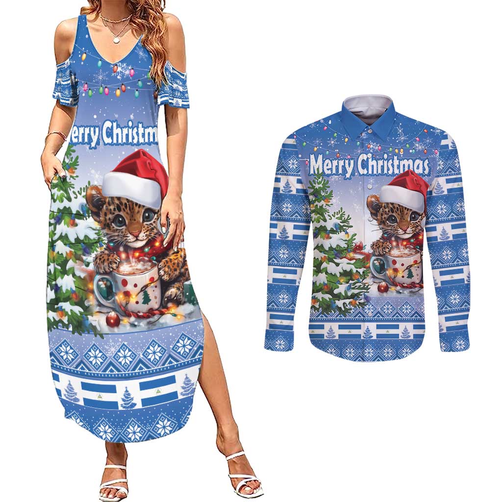 Personalized Nicaragua Christmas Couples Matching Summer Maxi Dress and Long Sleeve Button Shirt Panthera Onca Cute With Christmas Tree - Wonder Print Shop