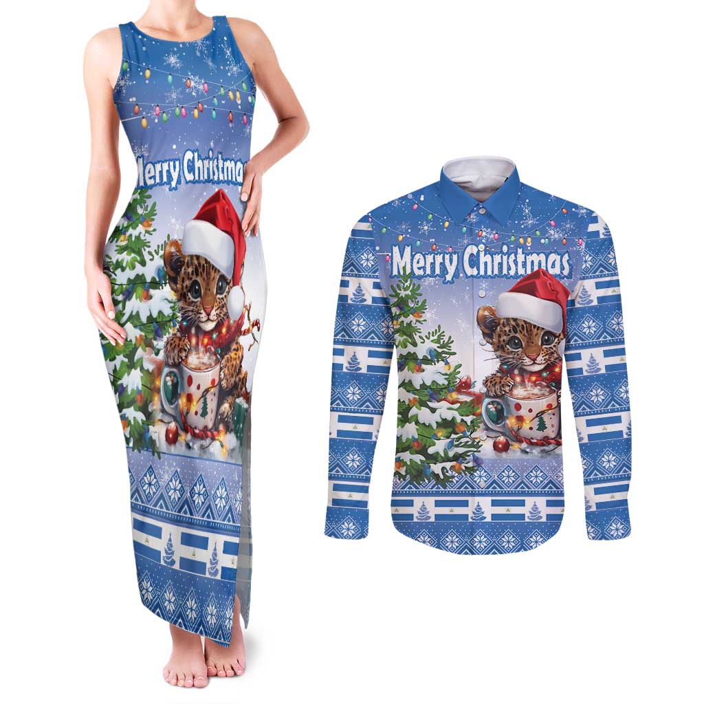 Personalized Nicaragua Christmas Couples Matching Tank Maxi Dress and Long Sleeve Button Shirt Panthera Onca Cute With Christmas Tree - Wonder Print Shop