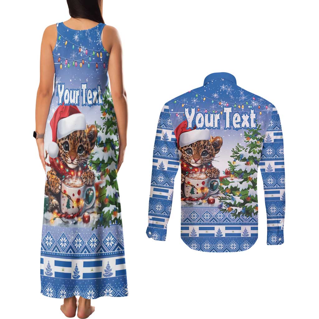 Personalized Nicaragua Christmas Couples Matching Tank Maxi Dress and Long Sleeve Button Shirt Panthera Onca Cute With Christmas Tree - Wonder Print Shop