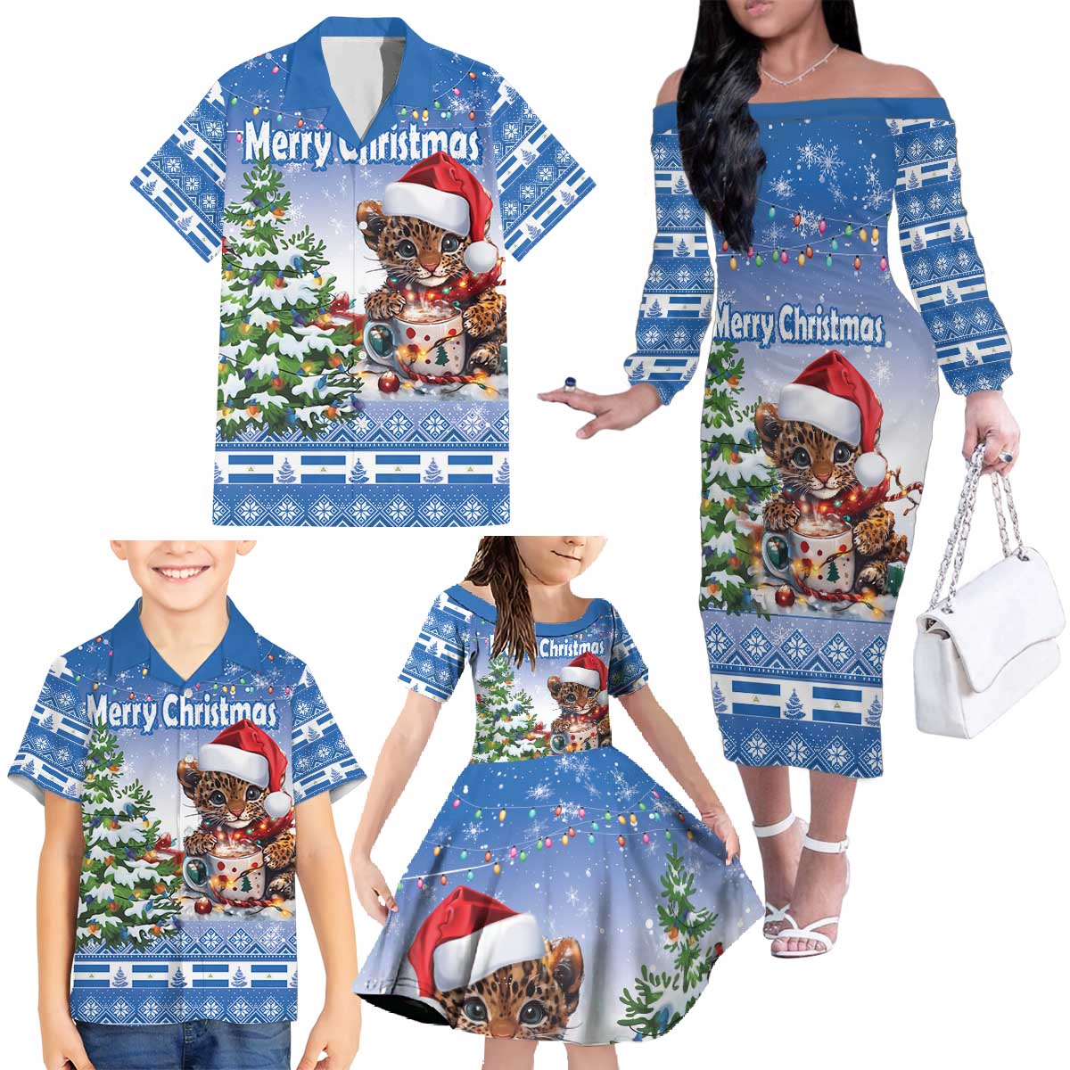 Personalized Nicaragua Christmas Family Matching Off The Shoulder Long Sleeve Dress and Hawaiian Shirt Panthera Onca Cute With Christmas Tree - Wonder Print Shop