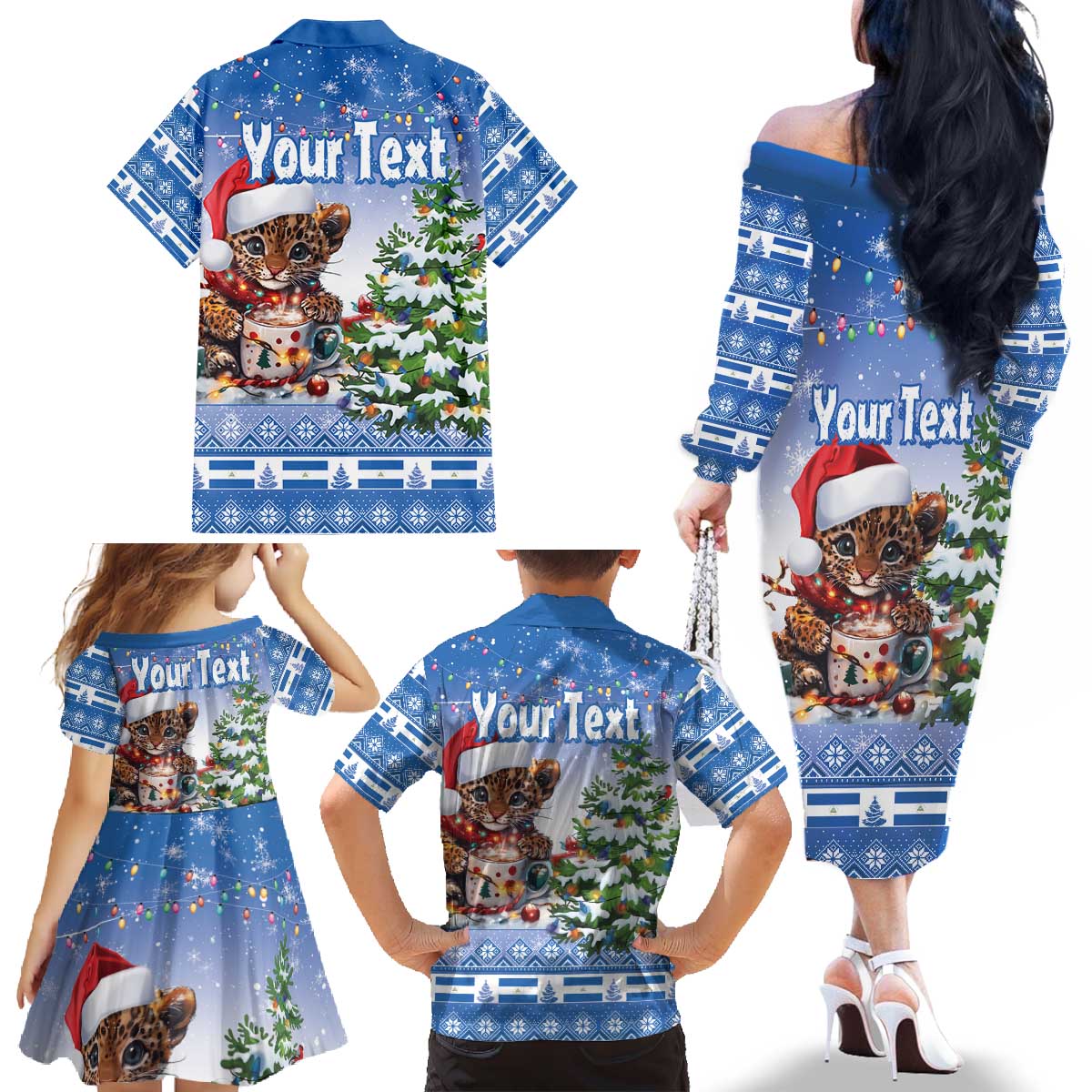 Personalized Nicaragua Christmas Family Matching Off The Shoulder Long Sleeve Dress and Hawaiian Shirt Panthera Onca Cute With Christmas Tree - Wonder Print Shop