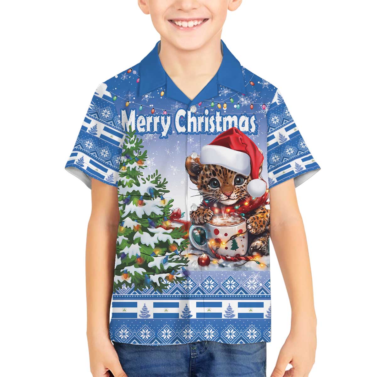 Personalized Nicaragua Christmas Family Matching Off The Shoulder Long Sleeve Dress and Hawaiian Shirt Panthera Onca Cute With Christmas Tree - Wonder Print Shop