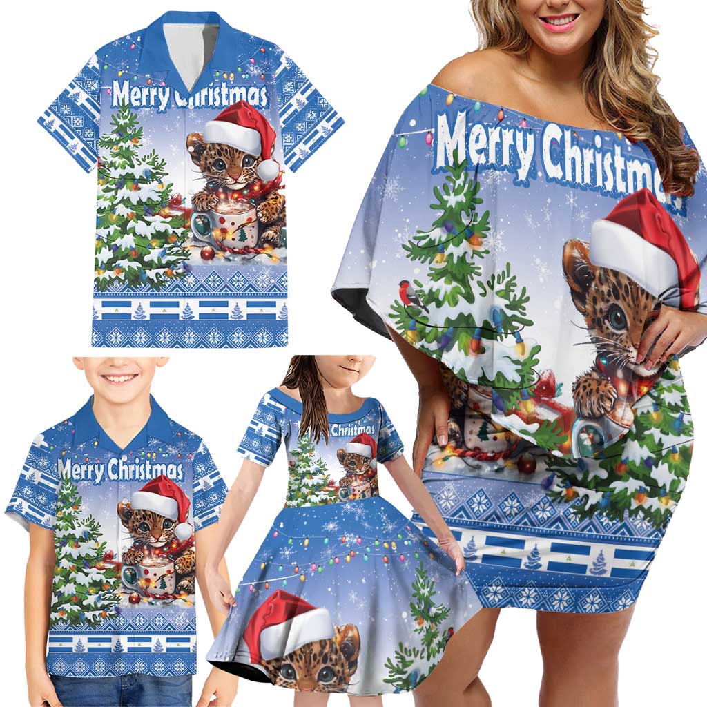 Personalized Nicaragua Christmas Family Matching Off Shoulder Short Dress and Hawaiian Shirt Panthera Onca Cute With Christmas Tree - Wonder Print Shop