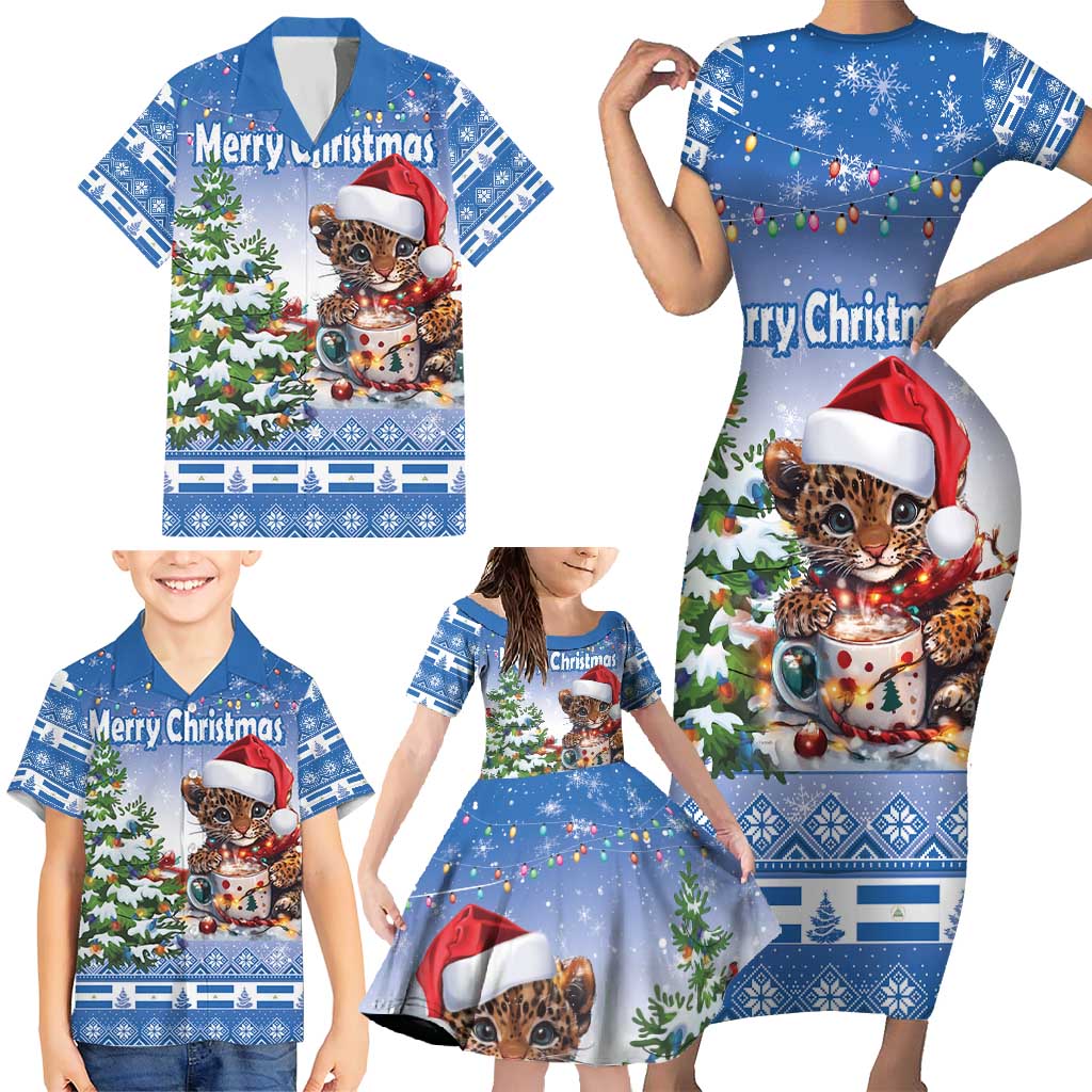 Personalized Nicaragua Christmas Family Matching Short Sleeve Bodycon Dress and Hawaiian Shirt Panthera Onca Cute With Christmas Tree - Wonder Print Shop