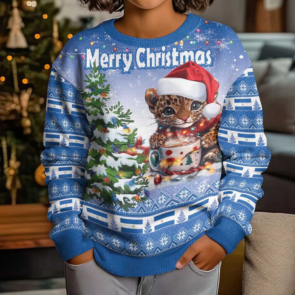 Personalized Nicaragua Christmas Kid Ugly Christmas Sweater Panthera Onca Cute With Christmas Tree - Wonder Print Shop