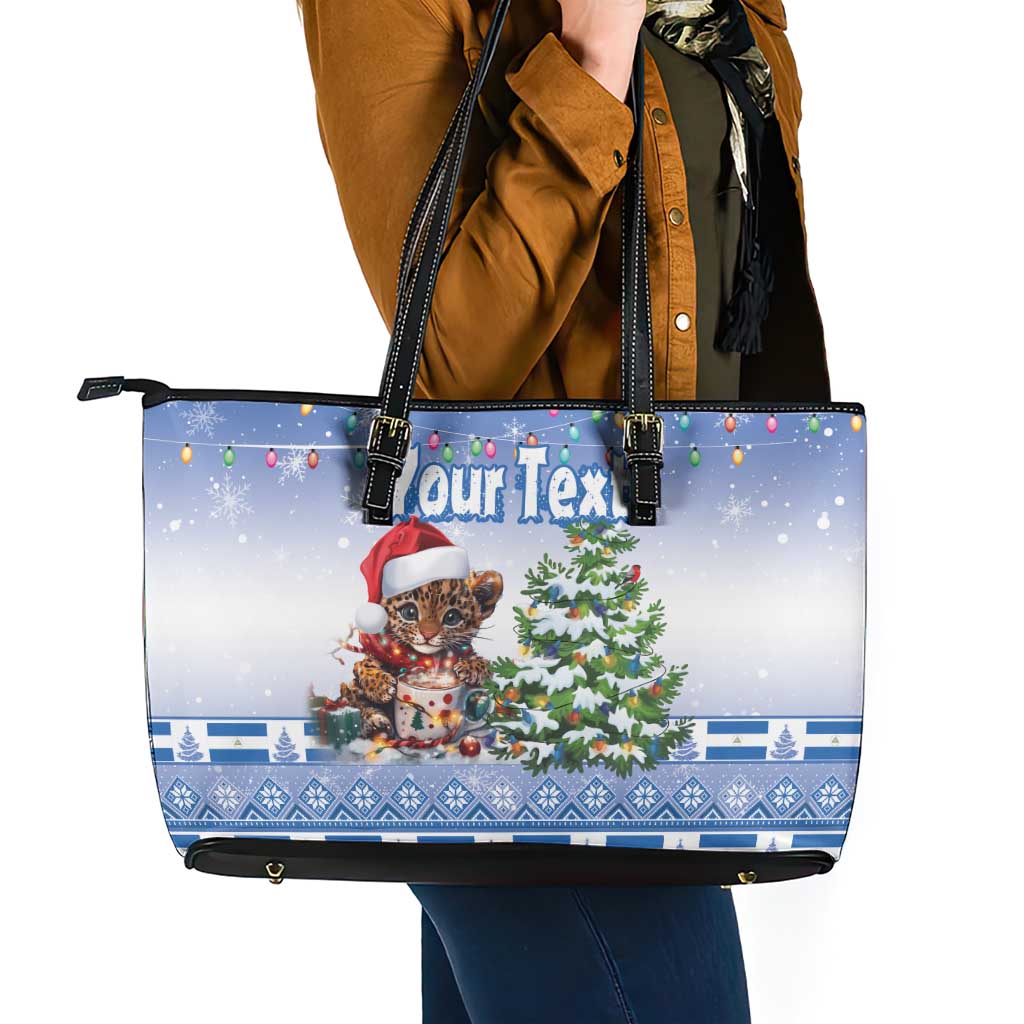 Personalized Nicaragua Christmas Leather Tote Bag Panthera Onca Cute With Christmas Tree - Wonder Print Shop