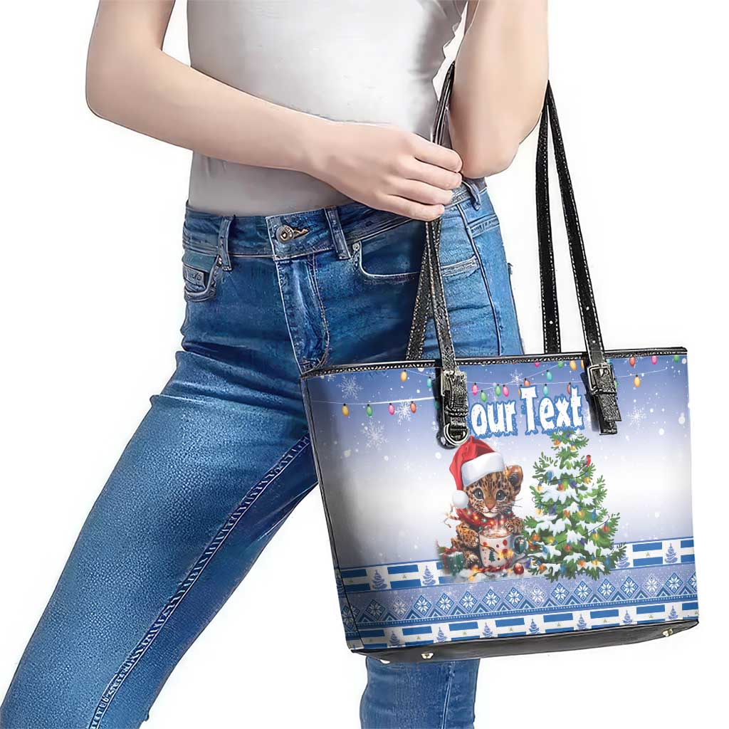 Personalized Nicaragua Christmas Leather Tote Bag Panthera Onca Cute With Christmas Tree - Wonder Print Shop