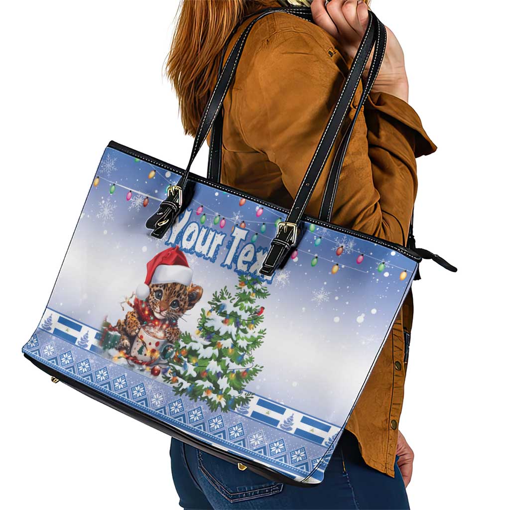 Personalized Nicaragua Christmas Leather Tote Bag Panthera Onca Cute With Christmas Tree - Wonder Print Shop