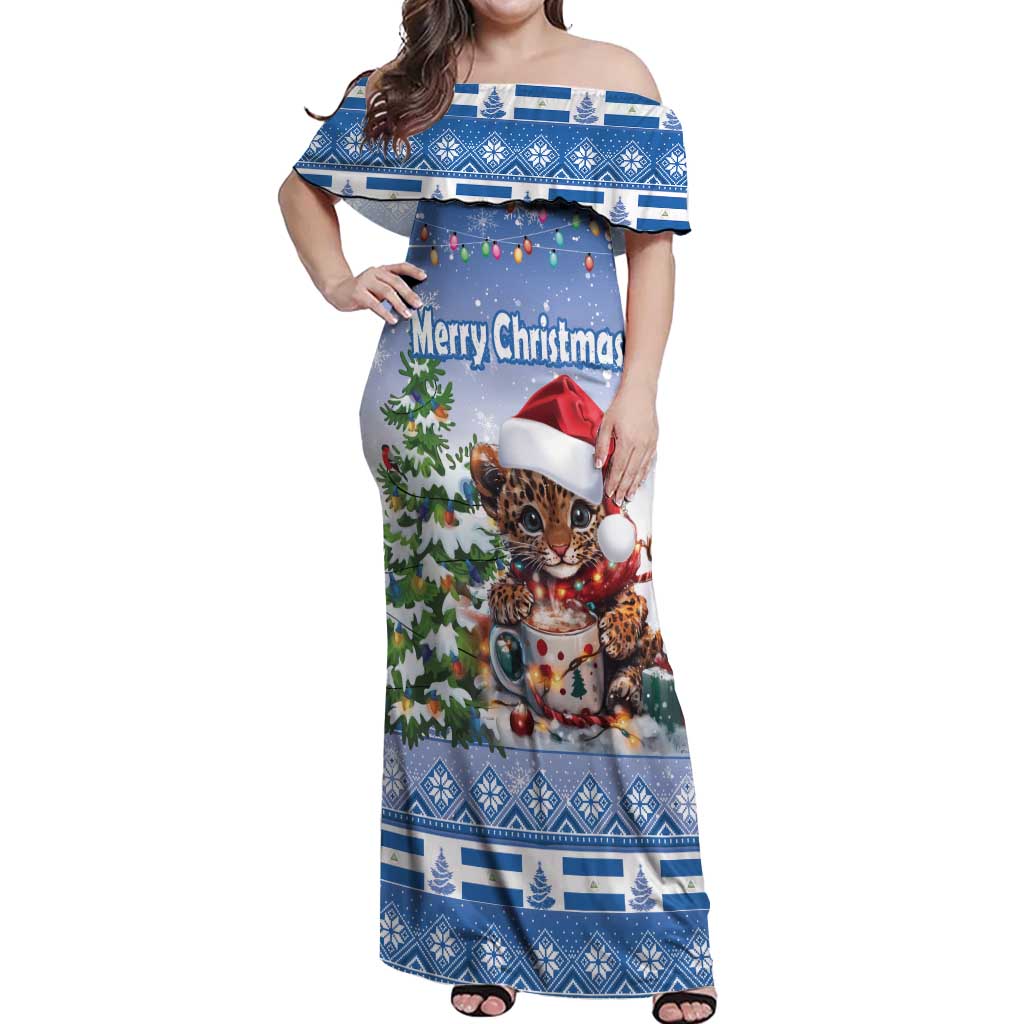 Personalized Nicaragua Christmas Off Shoulder Maxi Dress Panthera Onca Cute With Christmas Tree - Wonder Print Shop