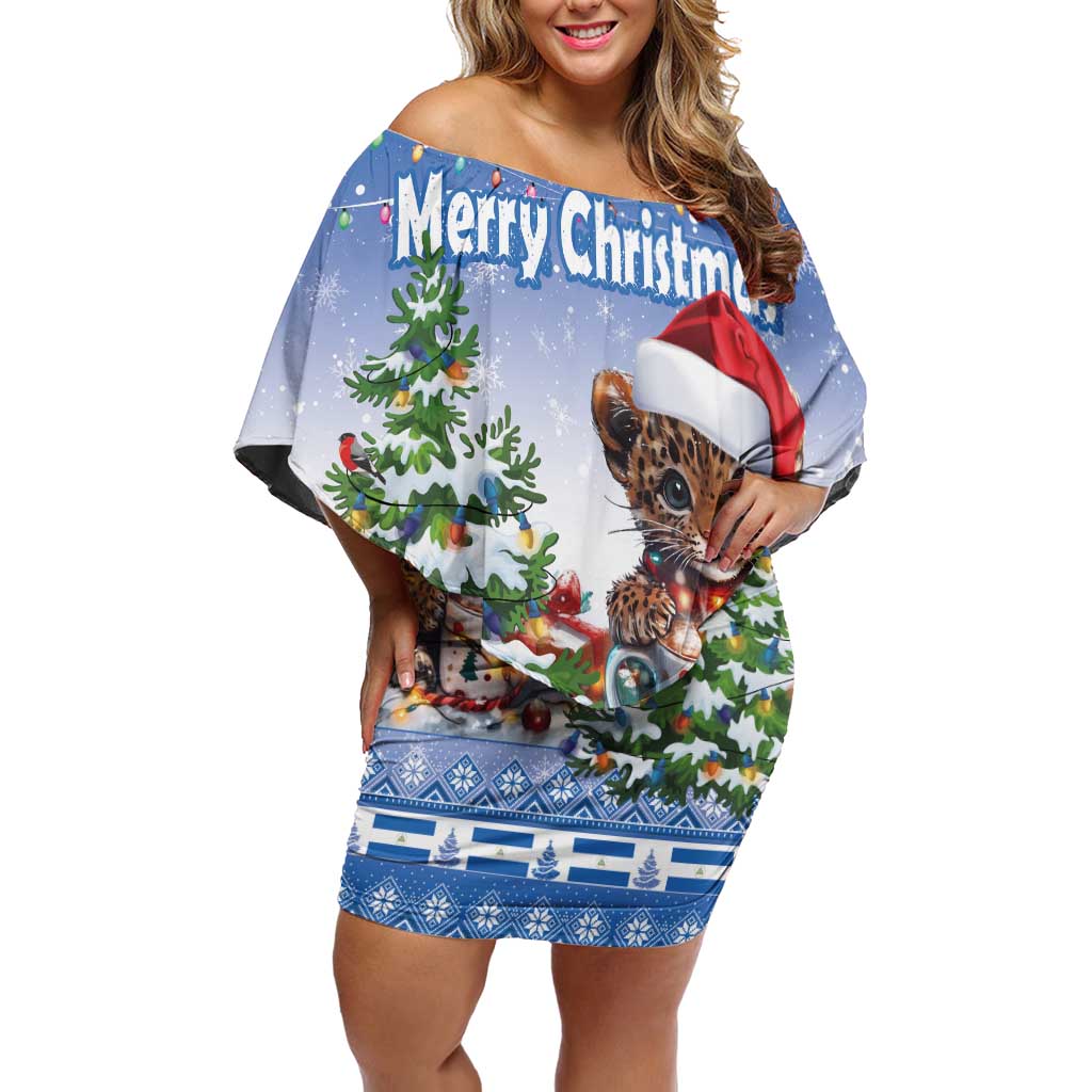 Personalized Nicaragua Christmas Off Shoulder Short Dress Panthera Onca Cute With Christmas Tree - Wonder Print Shop