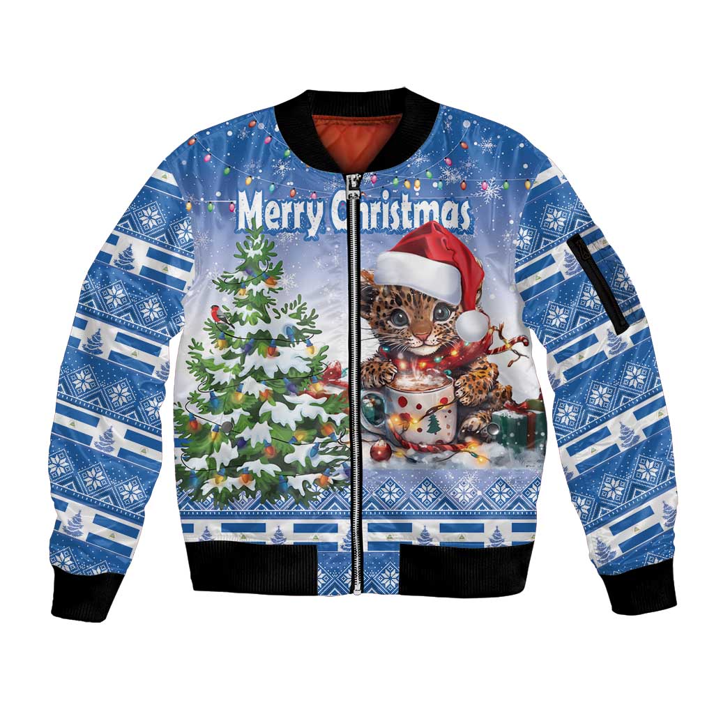 Personalized Nicaragua Christmas Sleeve Zip Bomber Jacket Panthera Onca Cute With Christmas Tree - Wonder Print Shop
