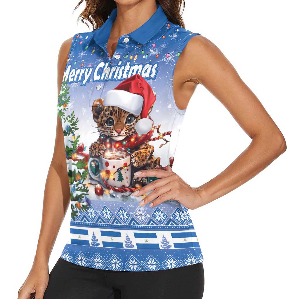 Personalized Nicaragua Christmas Women Sleeveless Polo Shirt Panthera Onca Cute With Christmas Tree - Wonder Print Shop