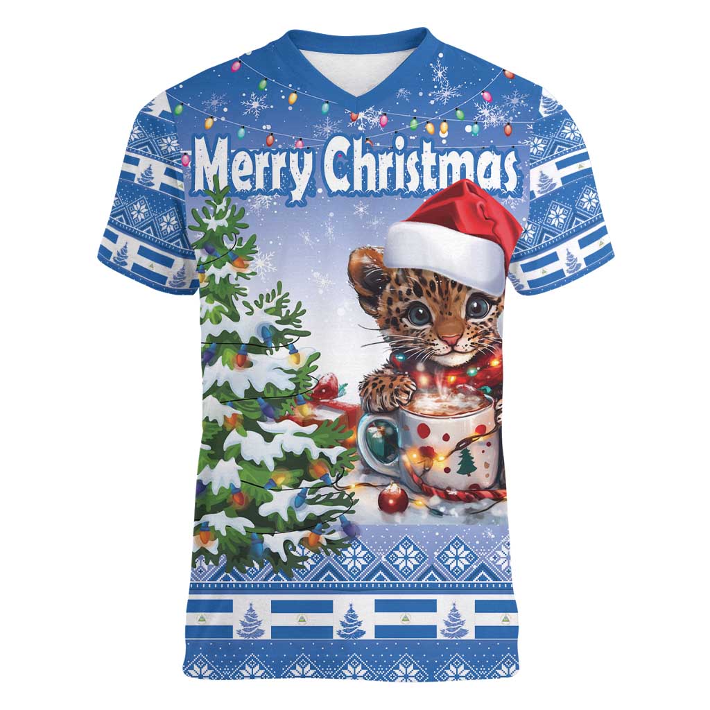 Personalized Nicaragua Christmas Women V-Neck T-Shirt Panthera Onca Cute With Christmas Tree - Wonder Print Shop