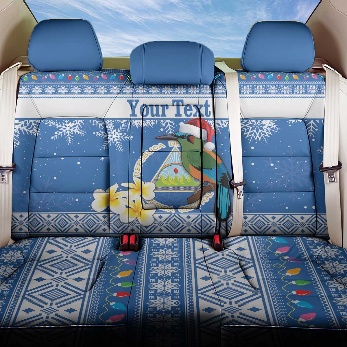 Personalized Nicaragua Christmas Back Car Seat Cover Turquoise-Browed Motmot With Coat Of Arms - Wonder Print Shop