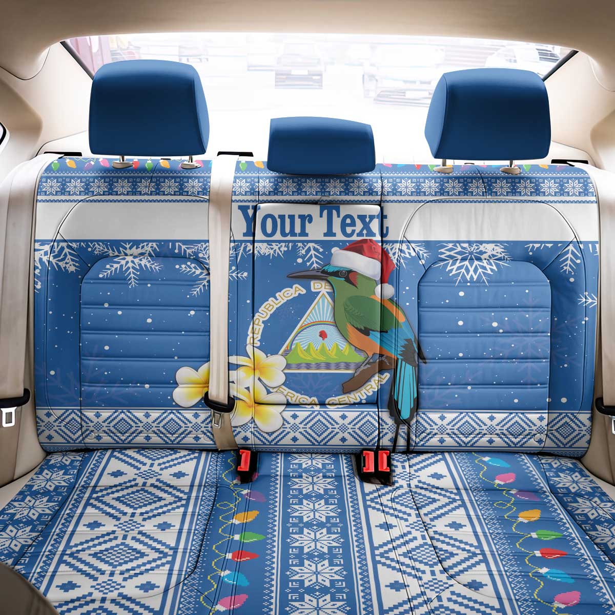 Personalized Nicaragua Christmas Back Car Seat Cover Turquoise-Browed Motmot With Coat Of Arms - Wonder Print Shop