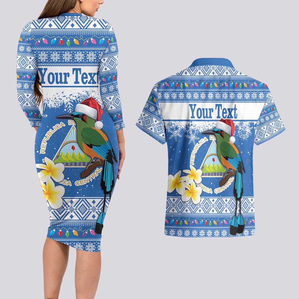 Personalized Nicaragua Christmas Couples Matching Long Sleeve Bodycon Dress and Hawaiian Shirt Turquoise-Browed Motmot With Coat Of Arms - Wonder Print Shop