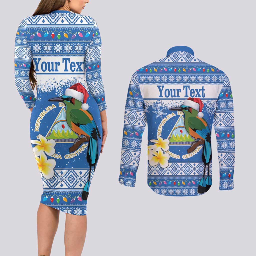 Personalized Nicaragua Christmas Couples Matching Long Sleeve Bodycon Dress and Long Sleeve Button Shirt Turquoise-Browed Motmot With Coat Of Arms - Wonder Print Shop