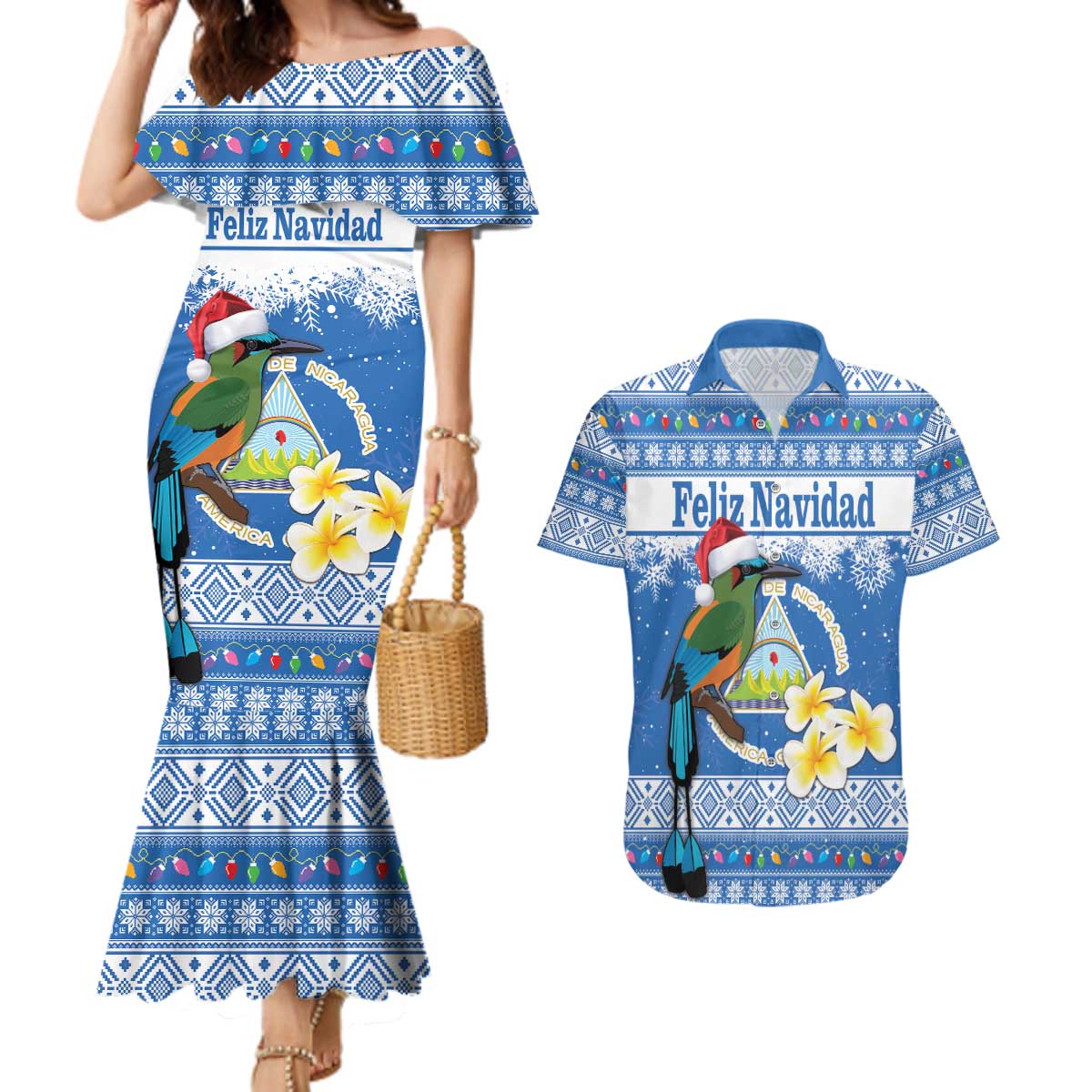 Personalized Nicaragua Christmas Couples Matching Mermaid Dress and Hawaiian Shirt Turquoise-Browed Motmot With Coat Of Arms - Wonder Print Shop