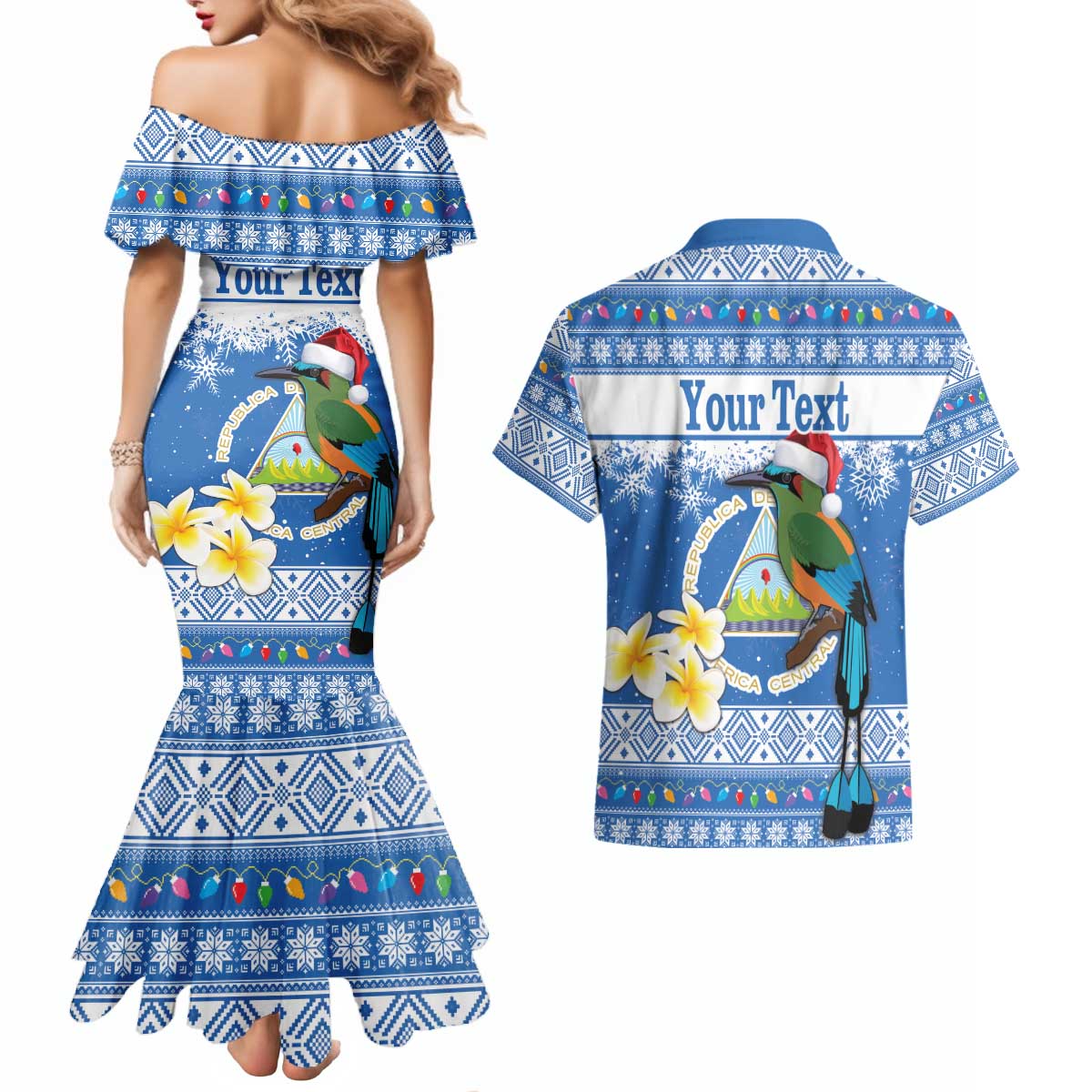 Personalized Nicaragua Christmas Couples Matching Mermaid Dress and Hawaiian Shirt Turquoise-Browed Motmot With Coat Of Arms - Wonder Print Shop
