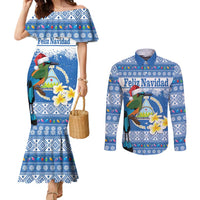 Personalized Nicaragua Christmas Couples Matching Mermaid Dress and Long Sleeve Button Shirt Turquoise-Browed Motmot With Coat Of Arms