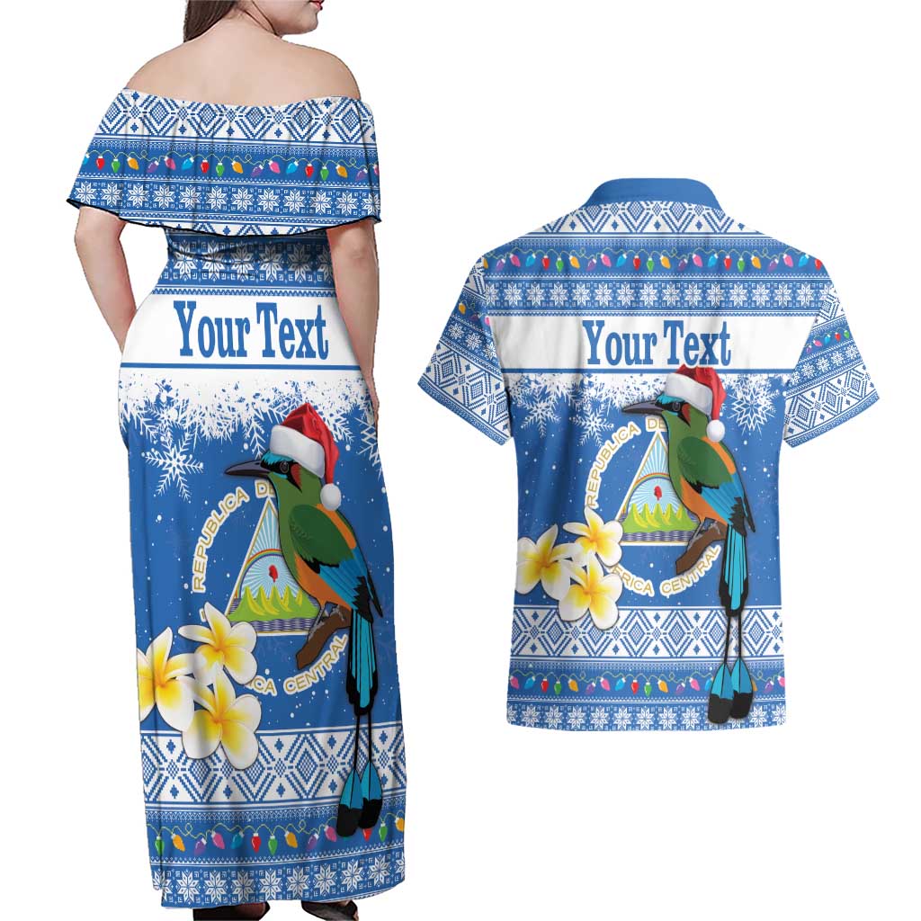 Personalized Nicaragua Christmas Couples Matching Off Shoulder Maxi Dress and Hawaiian Shirt Turquoise-Browed Motmot With Coat Of Arms - Wonder Print Shop