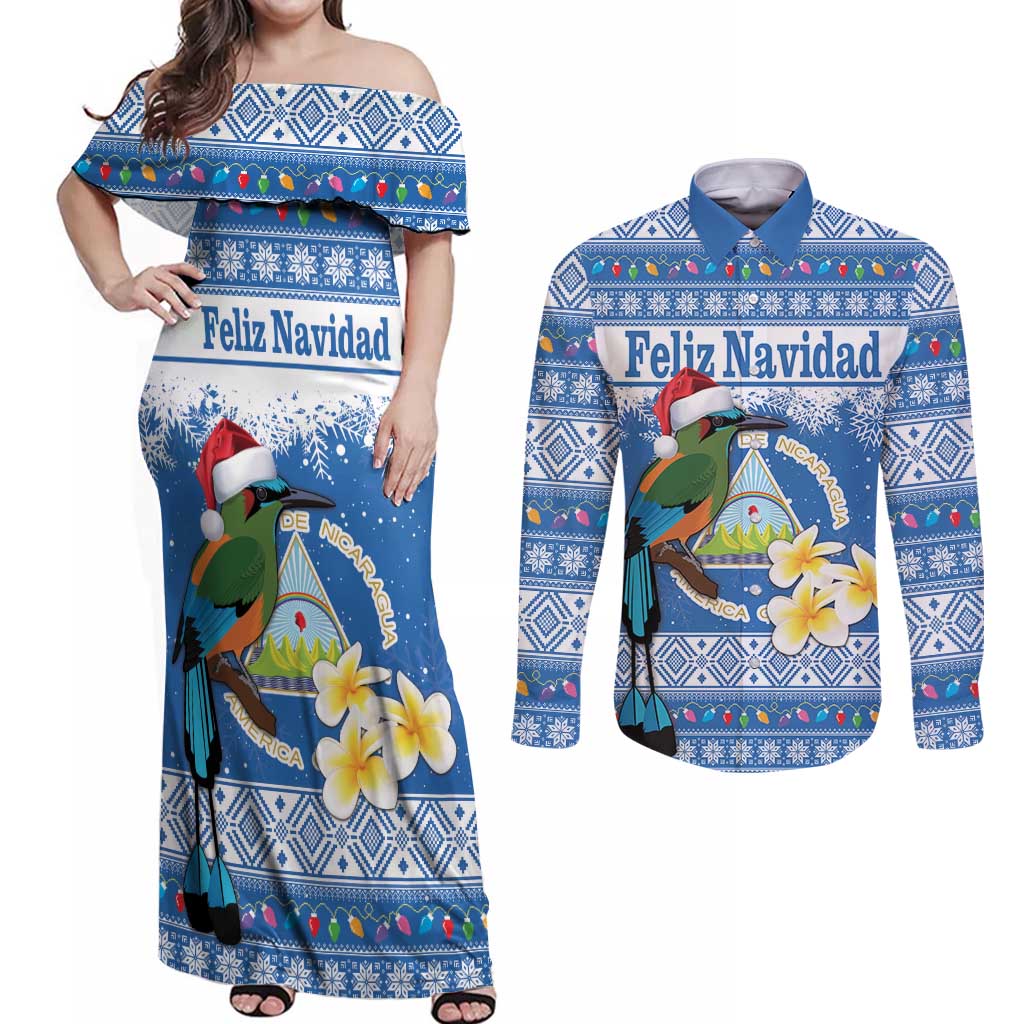 Personalized Nicaragua Christmas Couples Matching Off Shoulder Maxi Dress and Long Sleeve Button Shirt Turquoise-Browed Motmot With Coat Of Arms - Wonder Print Shop
