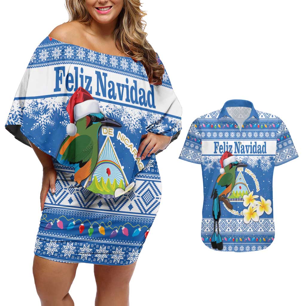 Personalized Nicaragua Christmas Couples Matching Off Shoulder Short Dress and Hawaiian Shirt Turquoise-Browed Motmot With Coat Of Arms - Wonder Print Shop