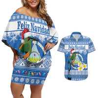Personalized Nicaragua Christmas Couples Matching Off Shoulder Short Dress and Hawaiian Shirt Turquoise-Browed Motmot With Coat Of Arms - Wonder Print Shop