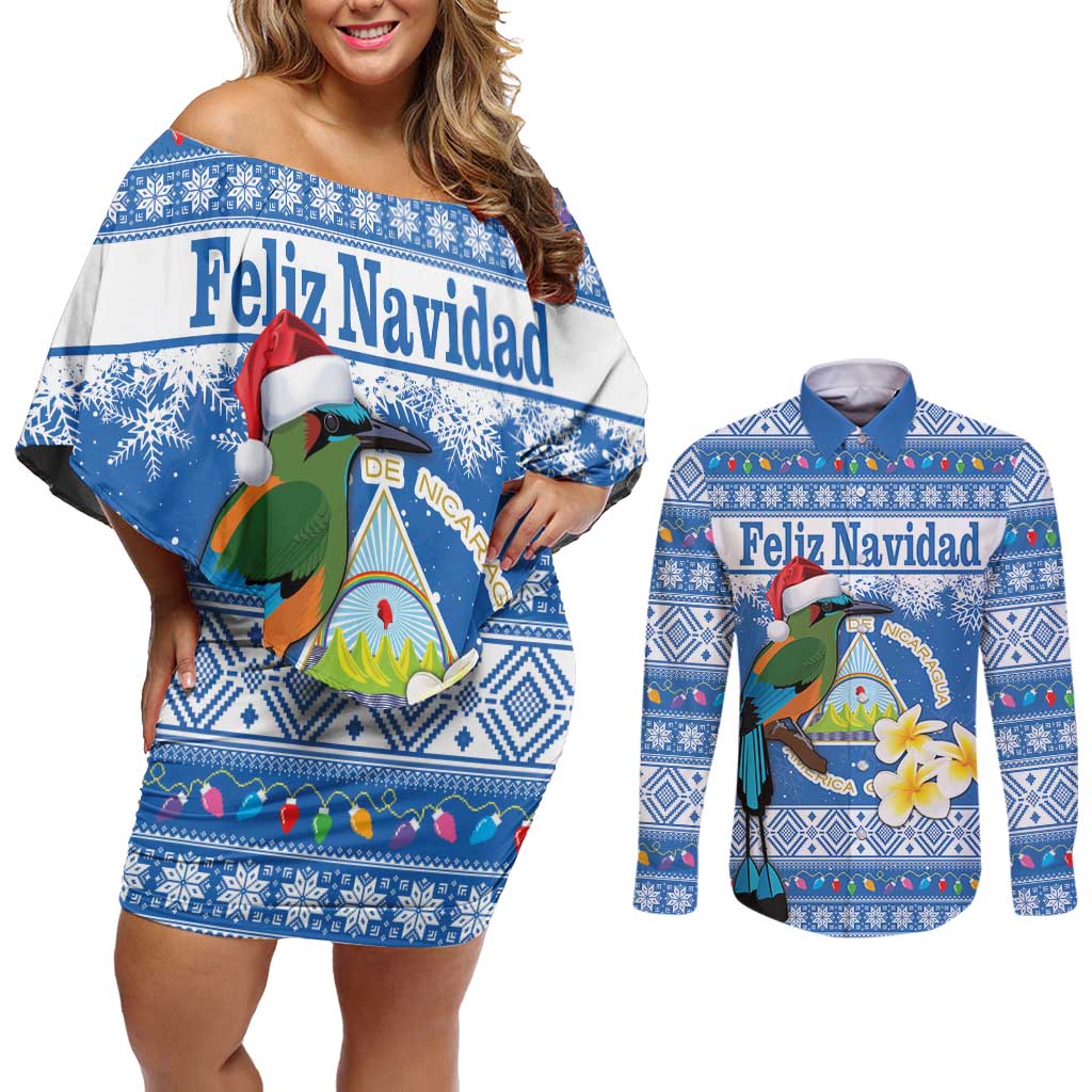 Personalized Nicaragua Christmas Couples Matching Off Shoulder Short Dress and Long Sleeve Button Shirt Turquoise-Browed Motmot With Coat Of Arms - Wonder Print Shop