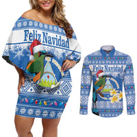 Personalized Nicaragua Christmas Couples Matching Off Shoulder Short Dress and Long Sleeve Button Shirt Turquoise-Browed Motmot With Coat Of Arms - Wonder Print Shop