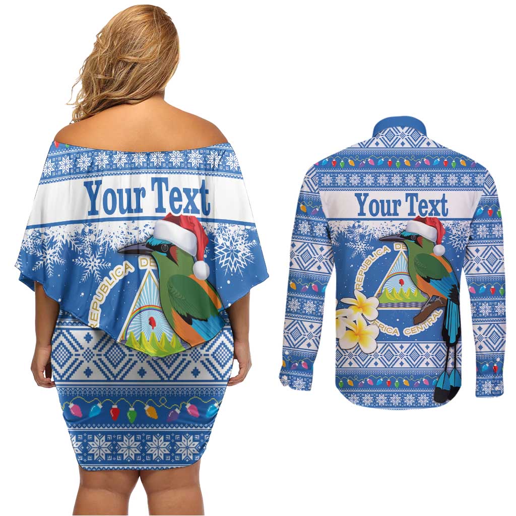 Personalized Nicaragua Christmas Couples Matching Off Shoulder Short Dress and Long Sleeve Button Shirt Turquoise-Browed Motmot With Coat Of Arms - Wonder Print Shop