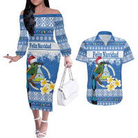 Personalized Nicaragua Christmas Couples Matching Off The Shoulder Long Sleeve Dress and Hawaiian Shirt Turquoise-Browed Motmot With Coat Of Arms - Wonder Print Shop